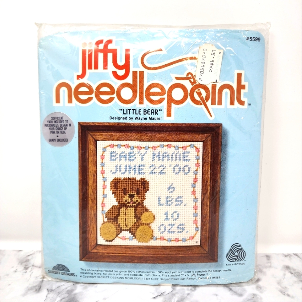 Vintage Jiffy Needlepoint Kit - Little Bear Birth Record Design